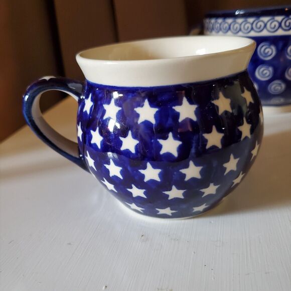 Boleslawiec Poland Polish Pottery Blue & White Star Coffee Tea Cup Mug - Picture 5 of 6